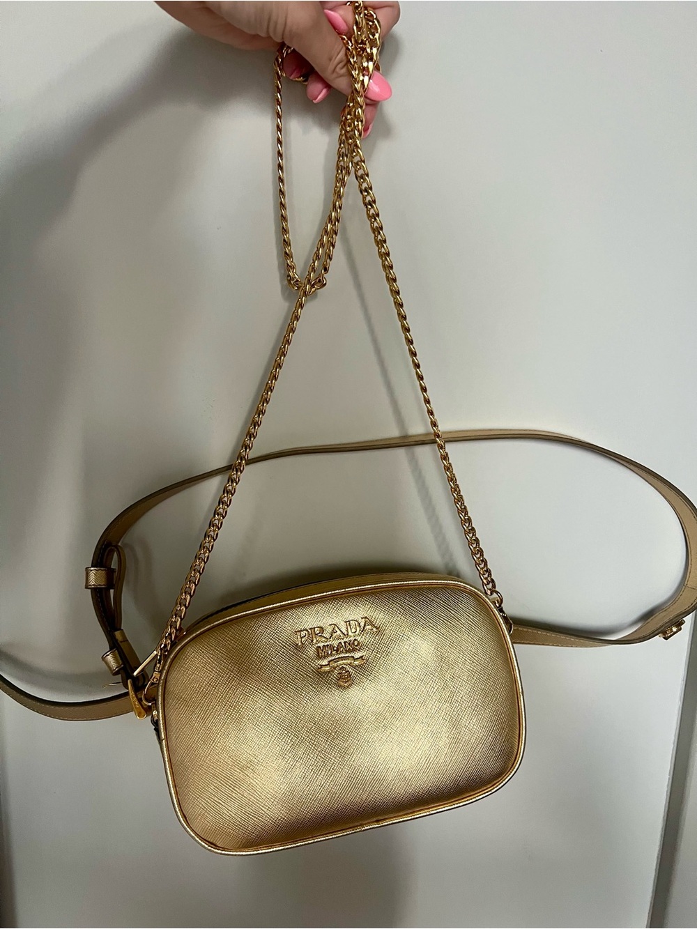 💛✨ RARE Prada Gold Saffiano Convertible Belt Crossbody Camera Bag